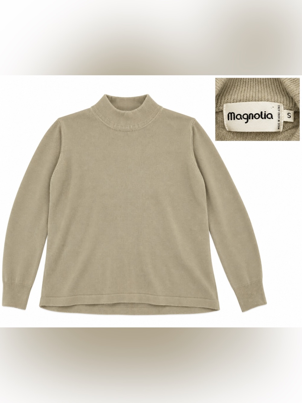 Vintage Magnolia Beige Mock Neck Knit Sweater Size Small Made in Hong Kong